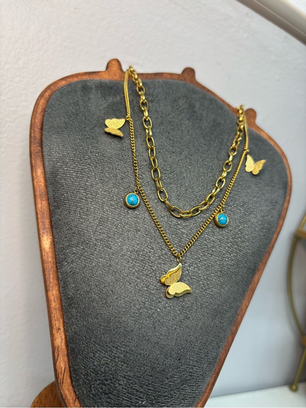 Gold Butterfly Layered Necklace with Turquoise Charm Accents - Picture 4 of 8
